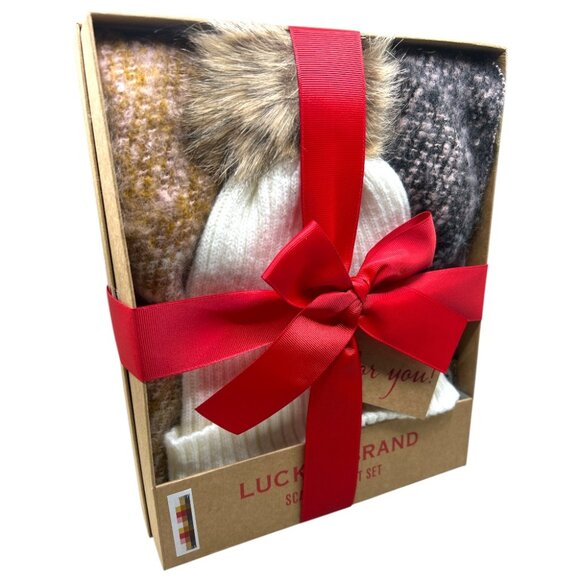 Lucky Brand Hat And Scarf Set Ivory Ribbed Beanie W/Faux Fur Pom & Plaid Scarf - Picture 6 of 6